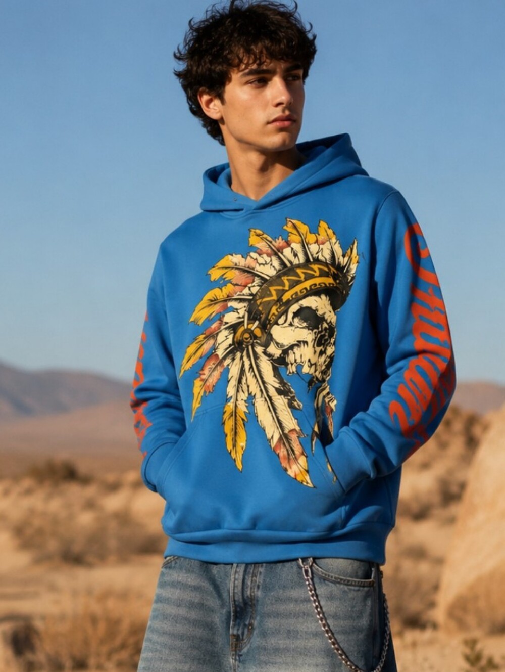 Warrior Head Native American Chief Colorful Blue Hoodie Sz XL
